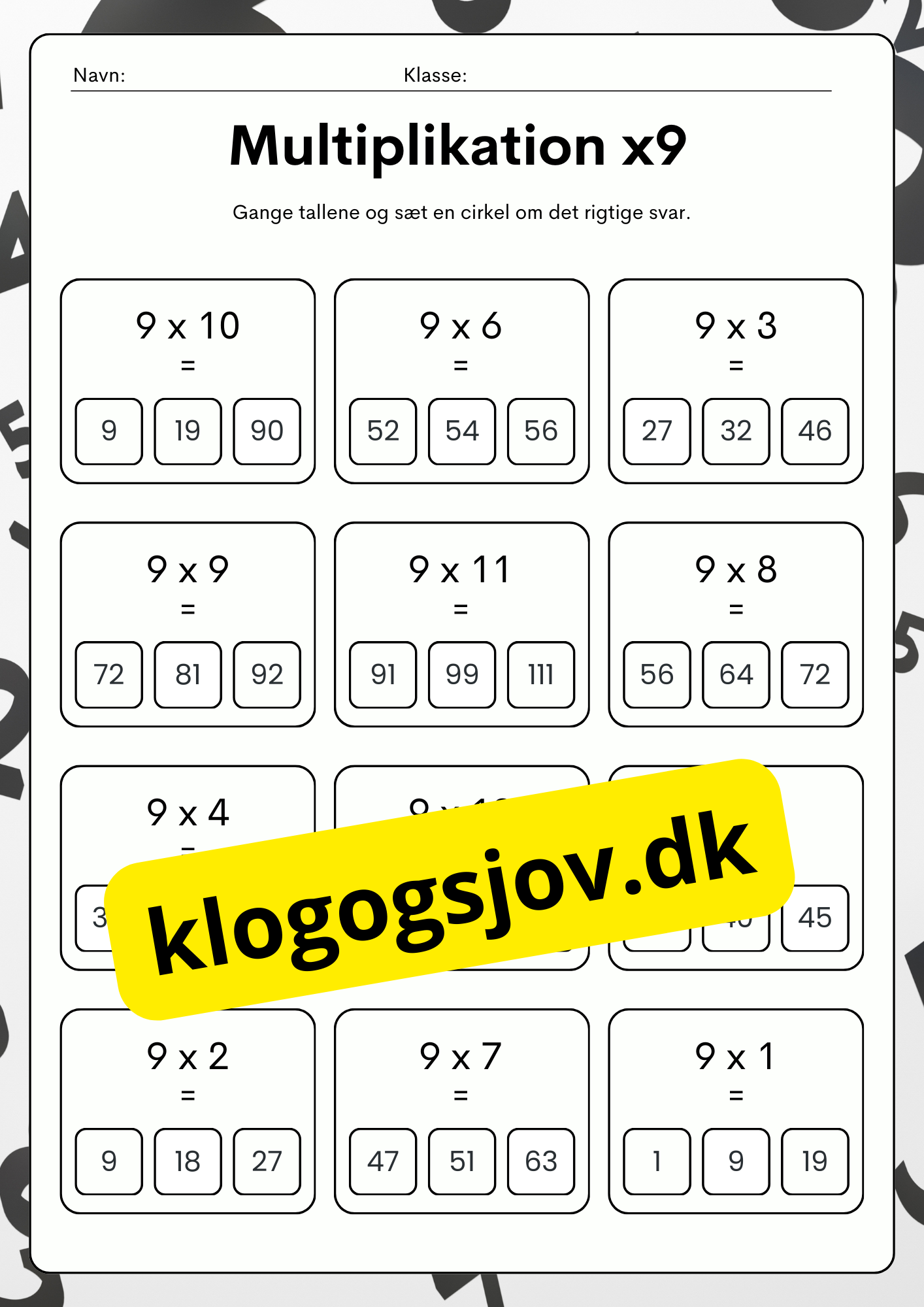 Multiplikationsøvelser 1–9