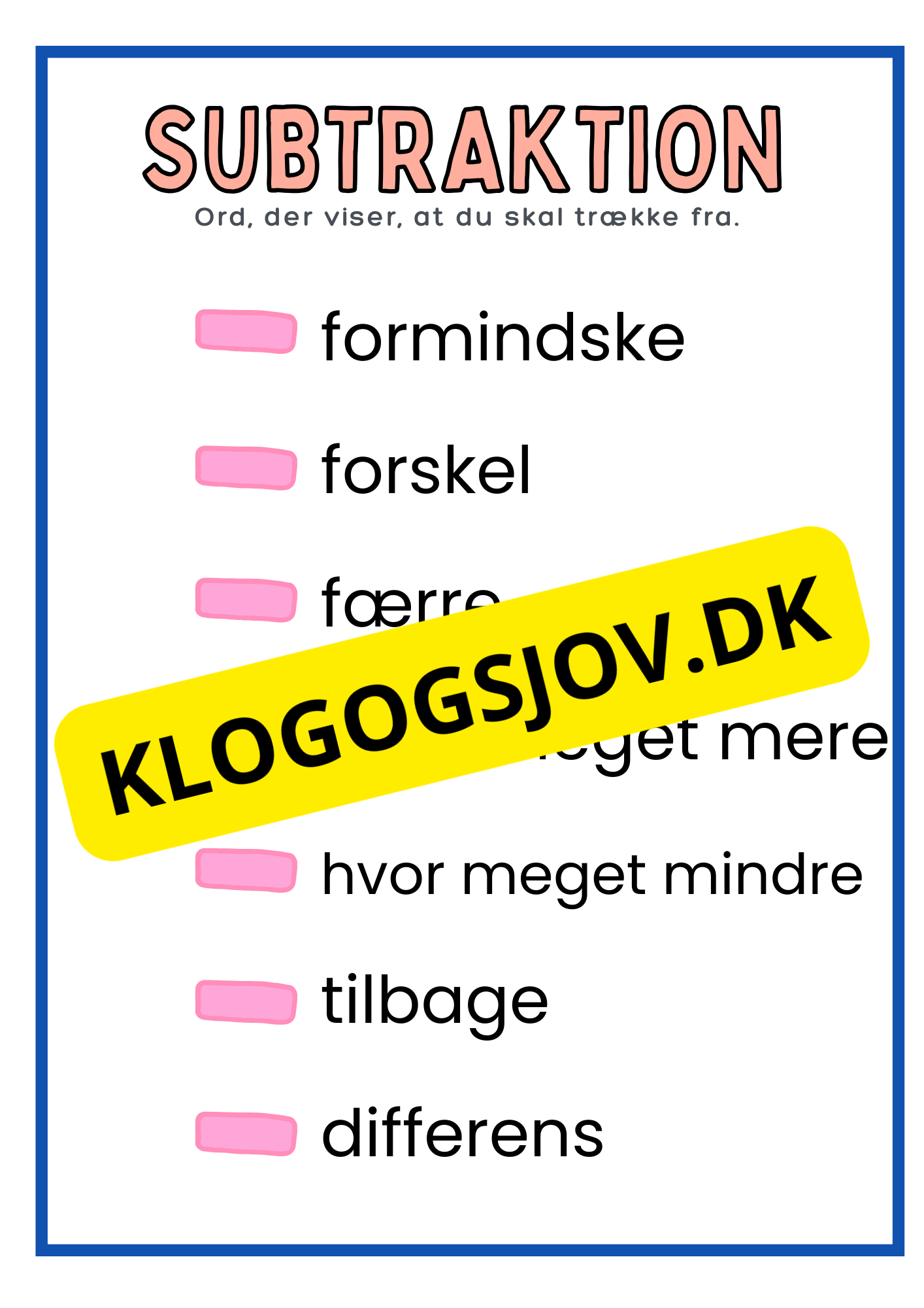 Enkel subtraktion – Børnehaveklasse – 1. klasse