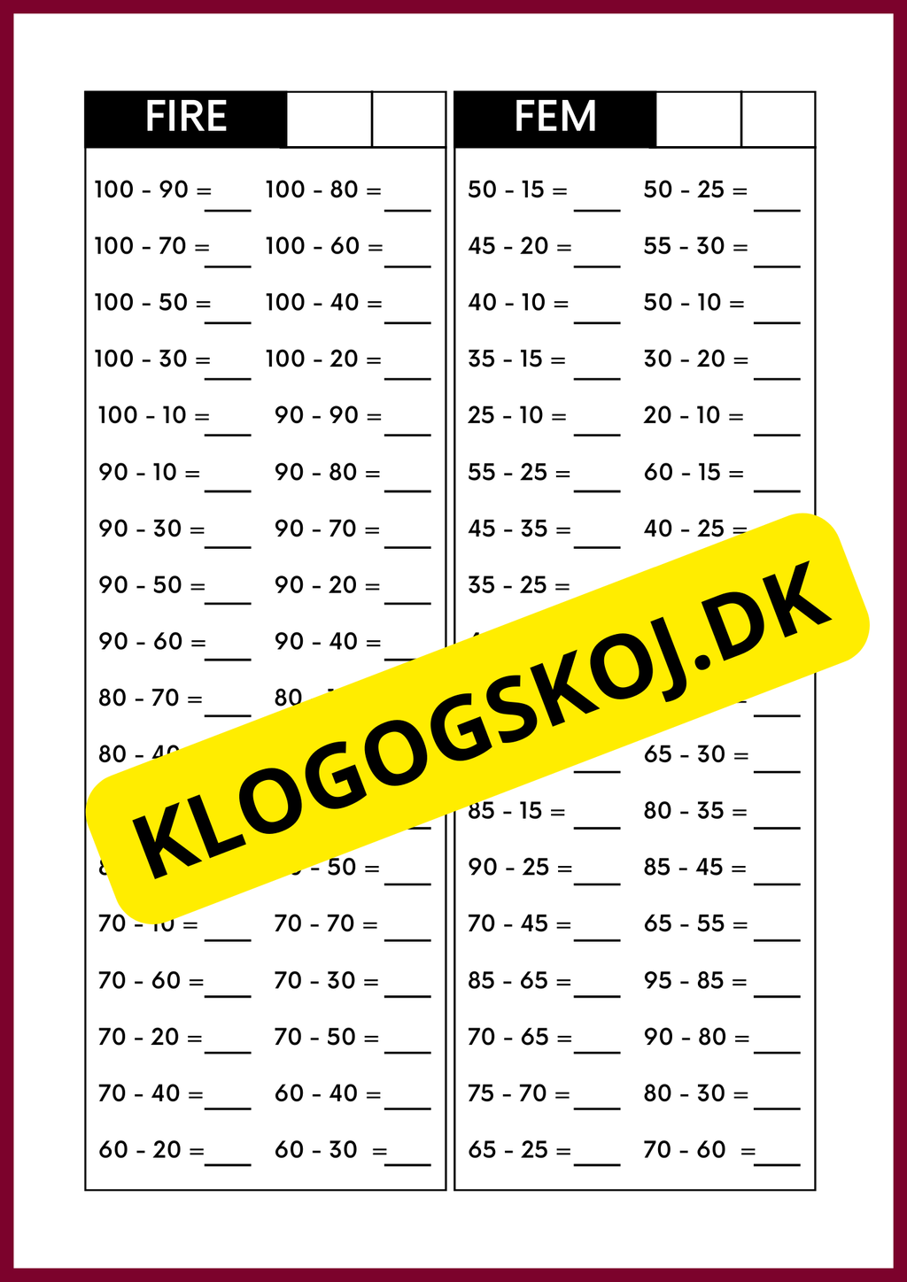 Hovedregning - Subtraktion